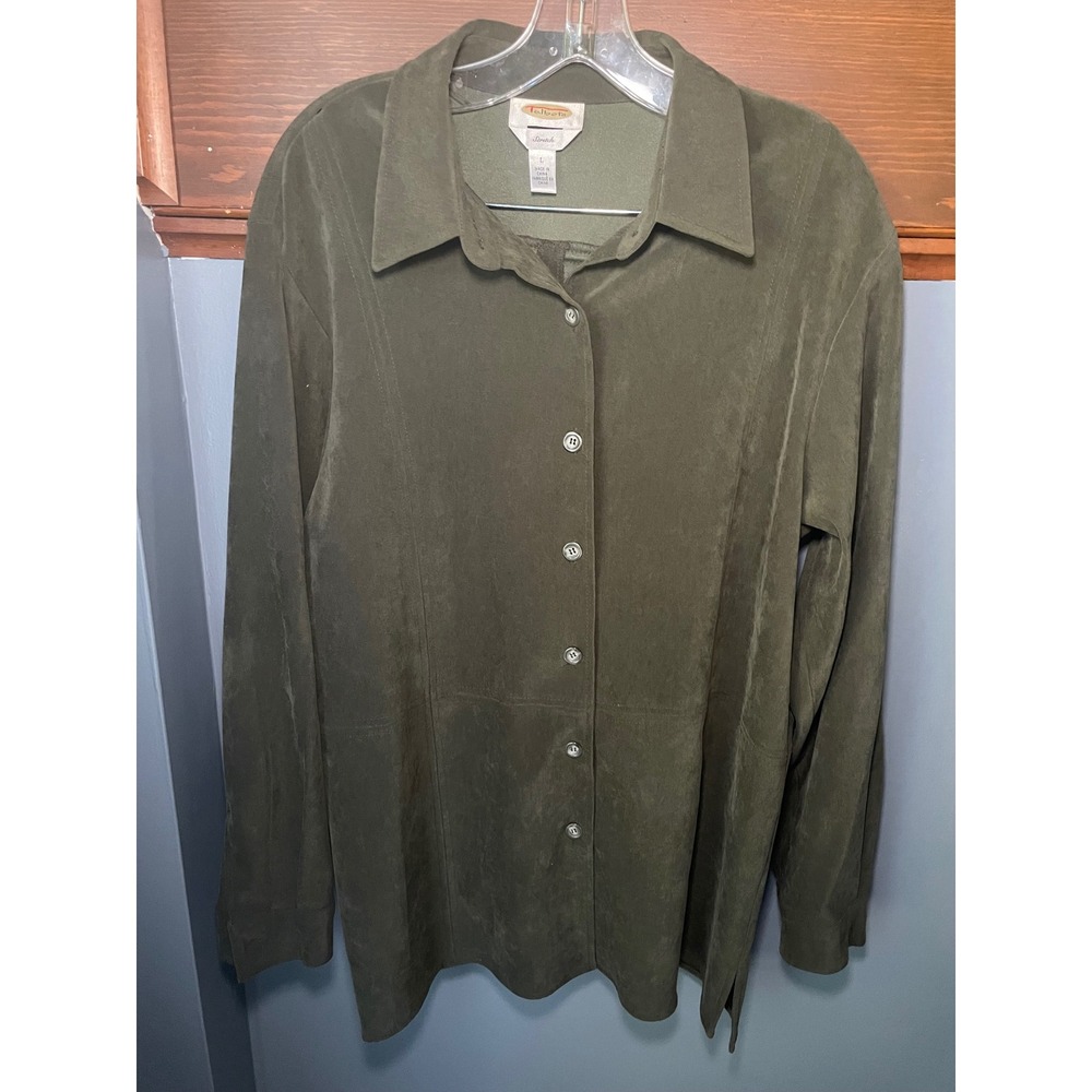 Talbots Women Olive Green Faux Suede Stretch Button Down Shirt Jacket Large